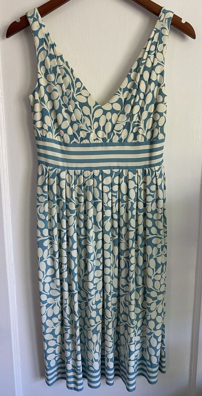 Maggy London Sz 6 Sleeveless Midi V Neck Cream Light Blue Floral Stripes Pleats